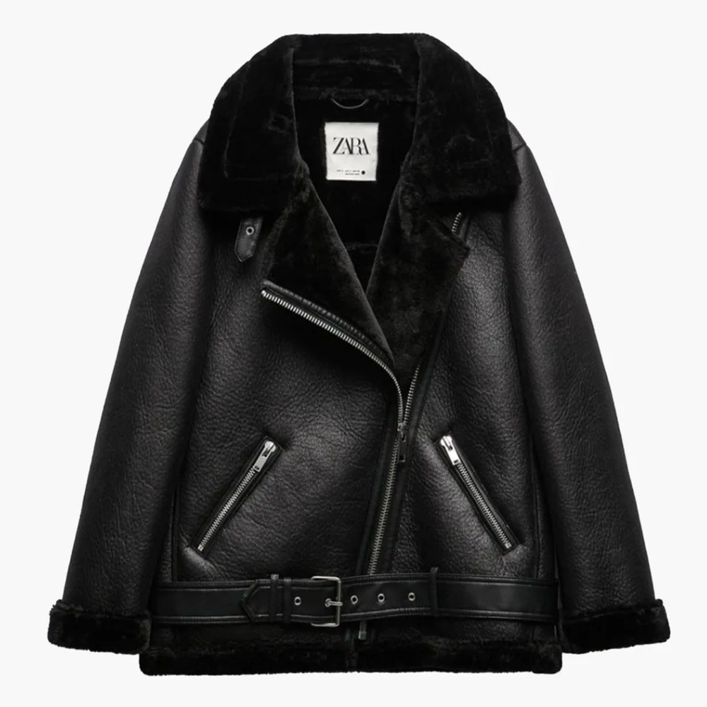 Zara Women's Black Leather Shearling Moto Jacket